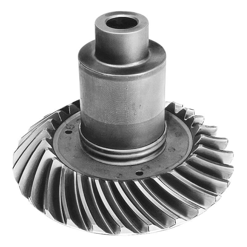 Transmission gear. Finished spiral bevel gear welded to tubular shaft.